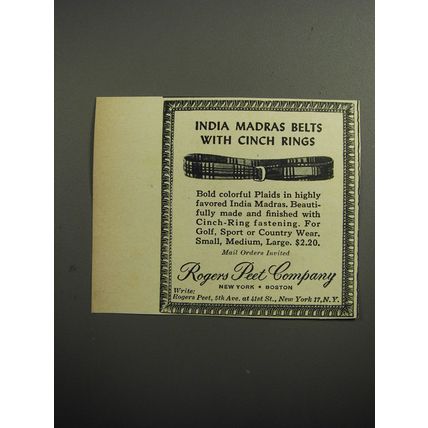 1951 Rogers Peet India Madras Belt Advertisement