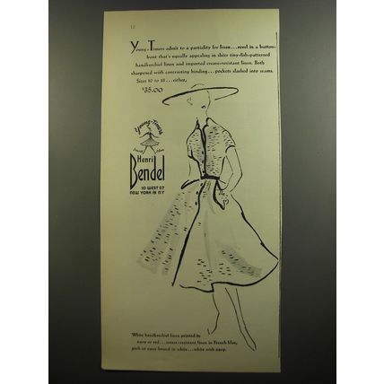1952 Henri Bendel Young-Timers Dress Ad - admit to a partiality for Linen