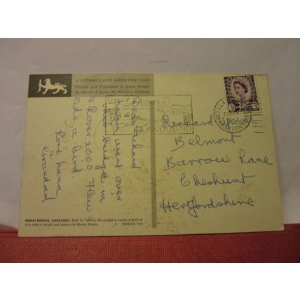 MENAI BRIDGE, WALES used vintage postcard 1967 postmark.. by Jarrold KNWAS 109 =
