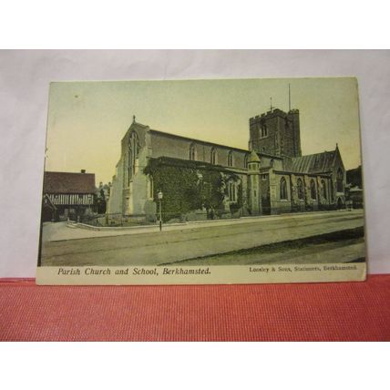 PARISH CHURCH & SCHOOL, BERKHAMSTED, HERTFORDSHIRE unused antique postcard =