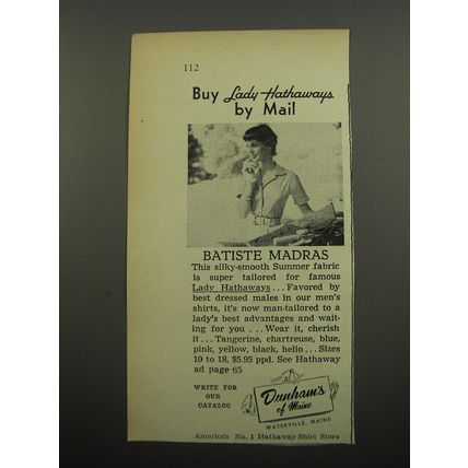 1955 Dunham's of Maine Lady Hathaway Shirts Ad - Buy Lady Hathaways by Mail