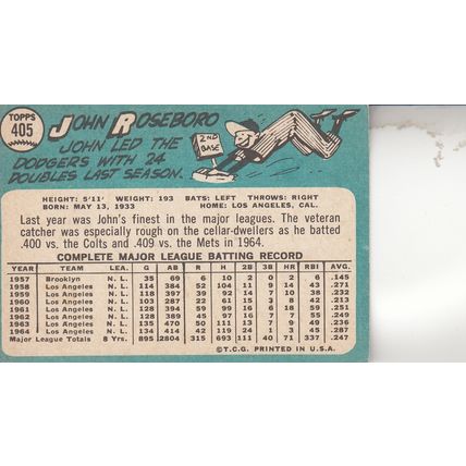 JOHN ROSEBORO 1965 AUTOGRAPHED LOS ANGELES DODGERS HOF WORLD CHAMPION CATCHER