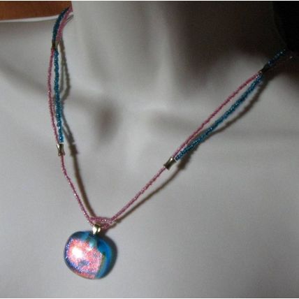 Dichroice Fused Glass Pendant & Glass Bead Handmade Necklace in blue & pink