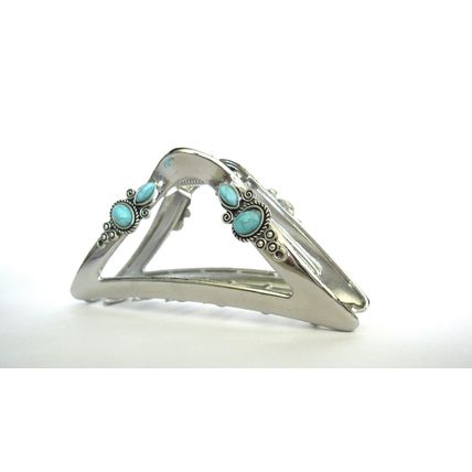 Large shiny triangle silver turquoise blue design metal native tribal hair claw