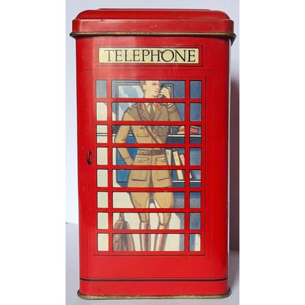 TIN MONEY BOX - UK TELEPHONE BOX - SOLDIER ON PHONE - MONEY BOX - 13 x 8 cm GOOD