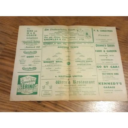 1961/62 Ashford Town v Hastings United - Southern League - 11/11/1961 *FREE P&P*