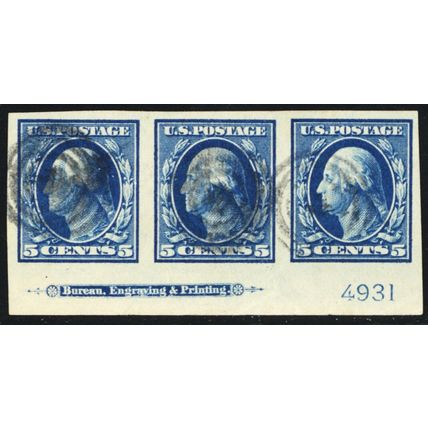 347, Used XF 5¢ PL# And Imprint Strip of Three - Stuart Katz