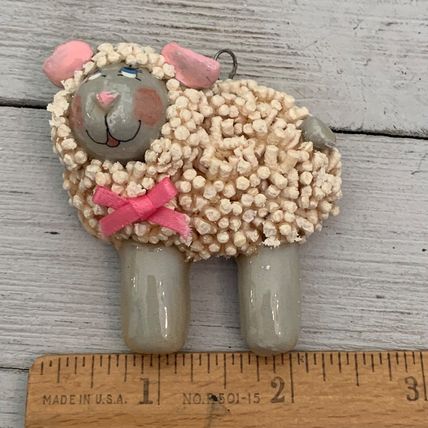 Darling VTG 70s Salt Dough Ornament Girl Sheep W Blue Eyes Pink Cheeks Ears 2.25