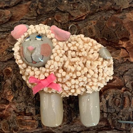 Darling VTG 70s Salt Dough Ornament Girl Sheep W Blue Eyes Pink Cheeks Ears 2.25