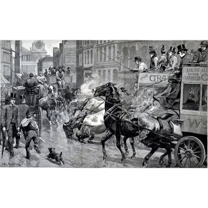 STATE OF THE LONDON STREETS - LUDGATE HILL ON A SLIPPERY DAY 1889 ENGRAVING
