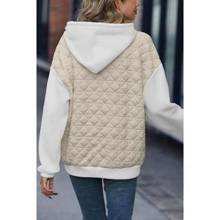 Beige Drop Shoulder Quilted Patchwork Kangaroo Pocket Hoodie