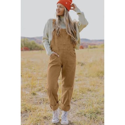 Khaki Vintage Multi Pockets Buckle Strap Cargo Denim Overalls