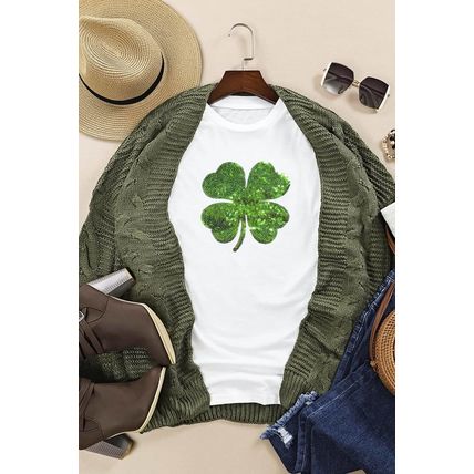 White Sequin Clover Patch Graphic St Patrick Fashion Tee