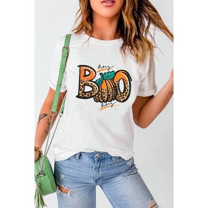 White BOO Pumpkin Leopard Print Crew Neck T Shirt