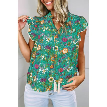 Green Lace Trim Flutter Sleeve Tropical Floral Blouse