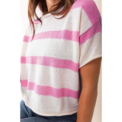Pink Stripe Dropped Short Sleeve Lightweight Knitted Top