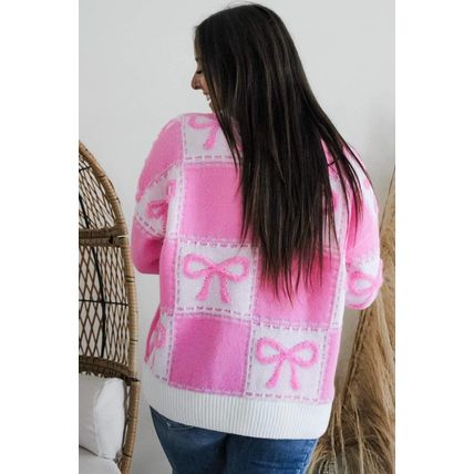 Pink Bow Knot Two Tone Checkered Crew Neck Sweater