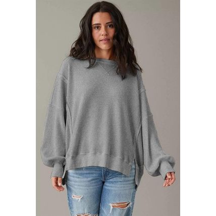 Gray Waffle knit Bishop Sleeve Split Oversized Top