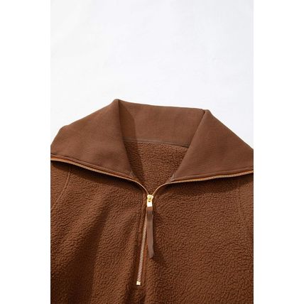 Brown Half Zip Fleece Pullover Sweatshirt