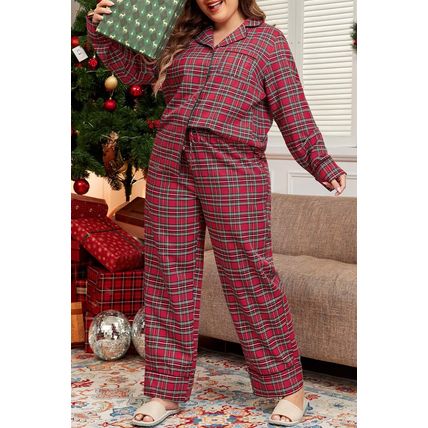 Red Plaid Printed Shirt and Pants Plus Size Lounge Set