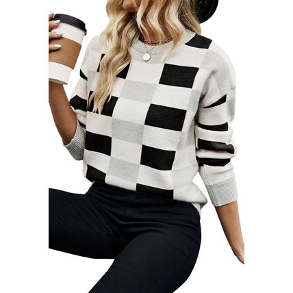 Black Checkered Ribbed Edge O Neck Drop Shoulder Sweater