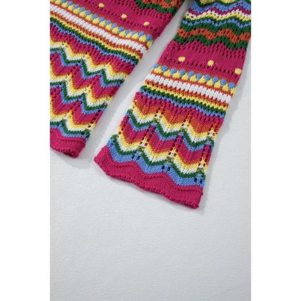 Rose Red Colorblock Striped Hollowed Knit Loose Sleeve Sweater