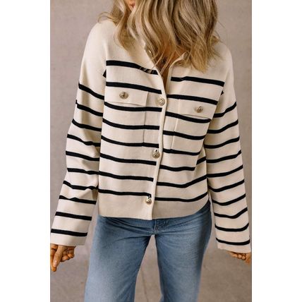 Black Stripe Flap Pocket Buttoned Cardigan Sweater