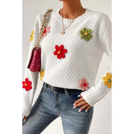 White Colorful Flower Applique Textured Knit Sweater
