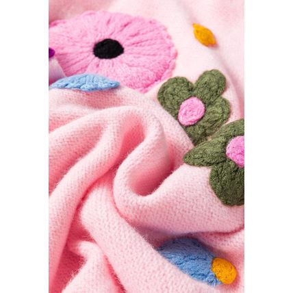 Pink Knitted Flower Pattern Ribbed Edge Sweater