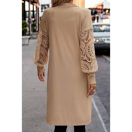 Parchment Lace Patchwork Ribbed Knit Open Front Duster Cardigan