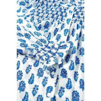 Sky Blue Boho Floral Printed Lantern Sleeve Frilled Neck Shirred Shirt