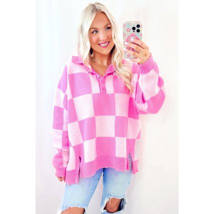 Pink Checkerboard Half Button Collared Drop Shoulder Sweater