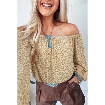 Beige Leopard Velvet Burnout Off Shoulder Long Sleeve Blouse