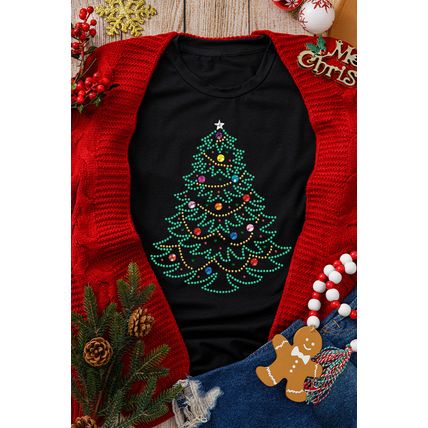 Black Rhinestone Christmas Tree Round Neck Graphic Tee