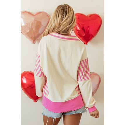 Pink Stripe Patchwork Sequin Heart Pattern Long Sleeve Collared Split Top