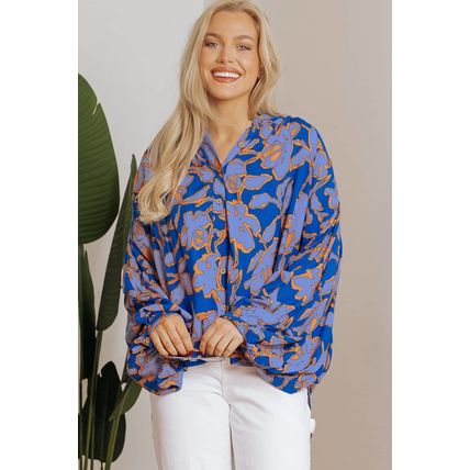 Blue Floral Print Batwing Sleeve Buttoned Loose Fit Shirt