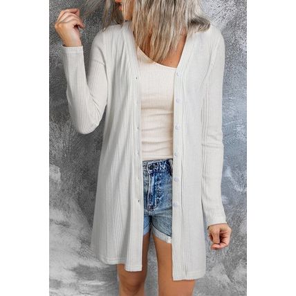 White Solid Color Ribbed Button up Tunic Cardigan