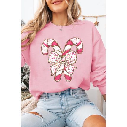Pink Christmas Bow Candy Cane Graphic Drop Shoulder Crew Neck Sweatshirt