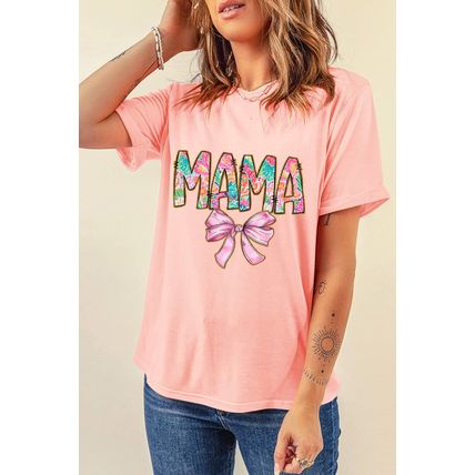 Pink Floral MAMA Bowknot Print Crewneck T Shirt