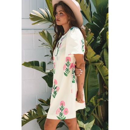 Apricot Floral Short Sleeve Split Neck Loose Mini Dress