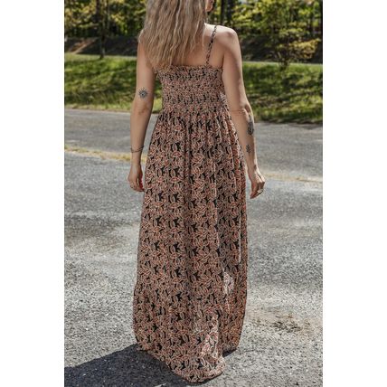 Brown Floral Smocked Bodice High Waist Flowy Sun Dress