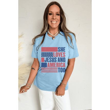 Light Blue SHE LOVES JESUS AND AMERICA TOO Flag Graphic T Shirt