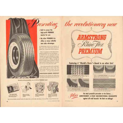 armstrong rubber company 1952 rhino-flex premium tire vintage ad