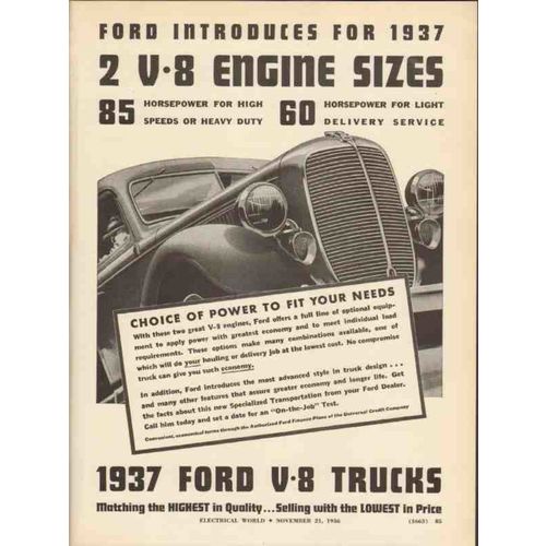 ford motor company 1937 two v-8 engine sizes power trucks vintage ad