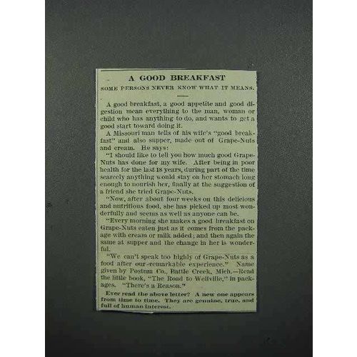 1913 Postum Grape-Nuts Cereal Ad - A Good Breakfast