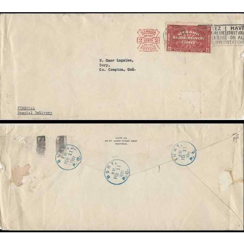 Canada Meter Mail 1931 Special Delivery, Montreal Quebec to BURY cancel in blue