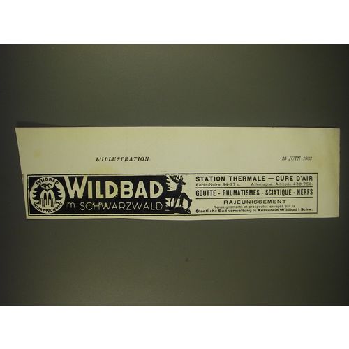 1932 Wildbad Germany Tourism Ad - in French - Station Thermale - Cure d'air
