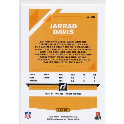 2019 Donruss Football Base 95 Jarrad Davis Detroit Lions
