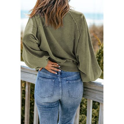 Green Washed Snap Buttons Lantern Sleeve Pullover Sweatshirt