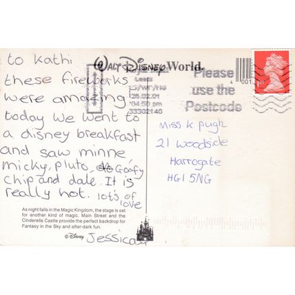 Disney World Magic Kingdom Main Street Fireworks USA Postcard posted 2001 VGC